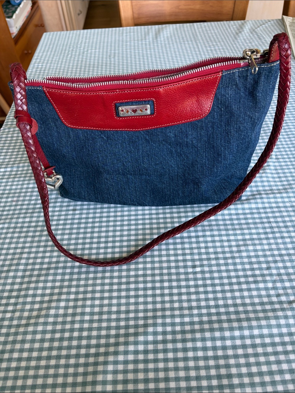 Denim & Red Leather Shoulder Bag